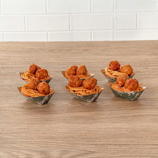 Restaurantware Bio Tek 2 Oz Camouflage Paper Food Tray / Boat - 3 1/4" X 2 1/4" X 1 1/4" - 400 Count Box