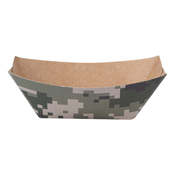 Restaurantware Bio Tek 2 Oz Camouflage Paper Food Tray / Boat - 3 1/4" X 2 1/4" X 1 1/4" - 400 Count Box