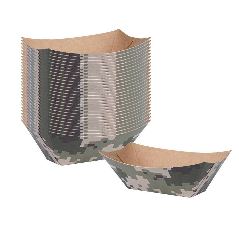 restaurantware Bio Tek 2 oz Camouflage Paper Food Tray / Boat - 3 1/4" x 2 1/4" x 1 1/4" - 400 count box