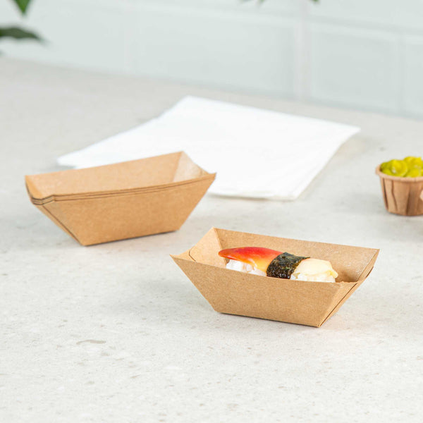 Restaurantware Bio Tek 2 Oz Kraft Paper Food Tray / Boat - 3 1/4" X 2 1/4" X 1 1/4" - 400 Count Box