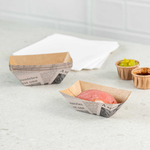 Restaurantware Bio Tek 2 Oz Newsprint Paper Food Tray / Boat - 3 1/4" X 2 1/4" X 1 1/4" - 400 Count Box