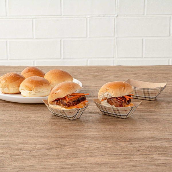 Restaurantware Bio Tek 2 Oz Plaid Paper Food Tray / Boat - 3 1/4" X 2 1/4" X 1 1/4" - 400 Count Box