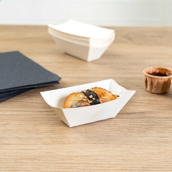 Restaurantware Bio Tek 2 Oz White Paper Food Tray / Boat - 3 1/4" X 2 1/4" X 1 1/4" - 400 Count Box