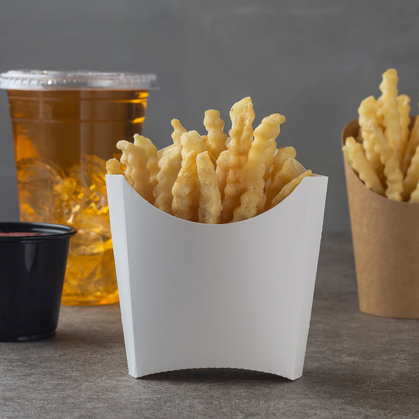 Restaurantware Bio Tek 3 Oz White Paper Fry Cup / Snack Container - 4 1/2" X 3 1/4" X 3 3/4" - 100 Count Box