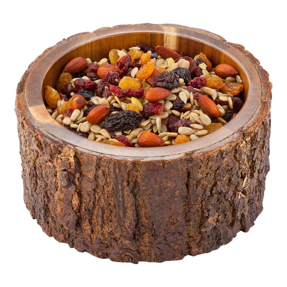 restaurantware Bio Tek 30 oz Round Natural Acacia Serving Bowl - Varnished Bark Edges - 6" x 6" x 3" - 1 count box