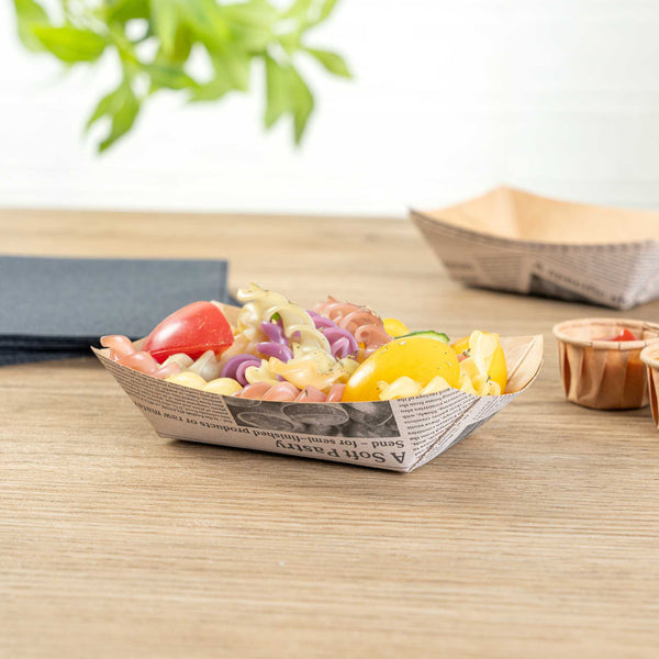 Restaurantware Bio Tek 4 Oz Newsprint Paper #25 Food Tray / Boat - 3" X 2" X 1" - 400 Count Box