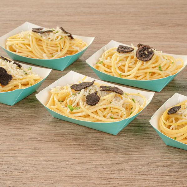 Restaurantware Bio Tek 4 Oz Turquoise Paper #25 Food Tray / Boat - 3" X 2" X 1" - 400 Count Box