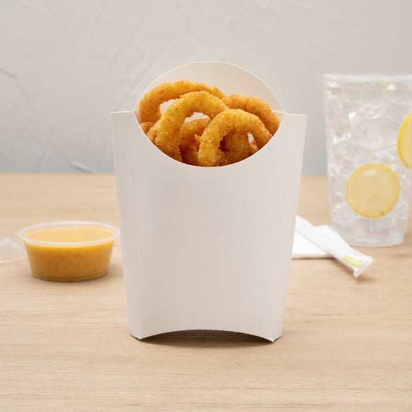 Restaurantware Bio Tek 4 Oz White Paper Fry Cup / Snack Container - 4 3/4" X 3 1/2" X 5" - 100 Count Box