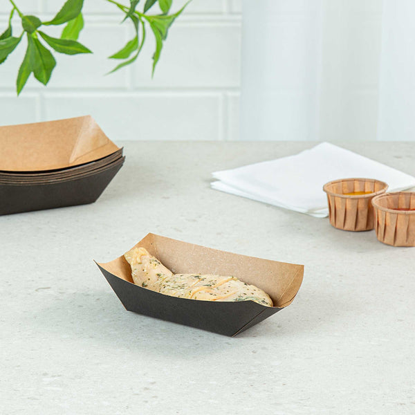 Restaurantware Bio Tek 6 Oz Black Paper #40 Food Tray / Boat - 3 1/4" X 2" X 1 1/2" - 400 Count Box