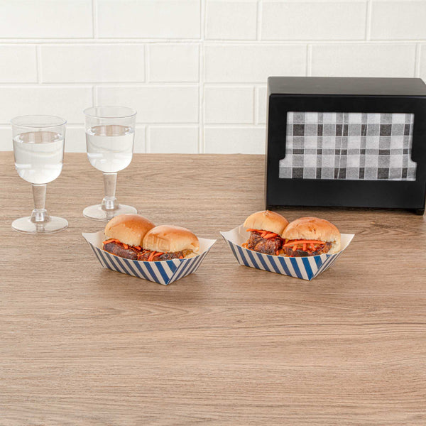 Restaurantware Bio Tek 6 Oz Blue And White Stripe Paper #40 Food Tray / Boat - 3 1/4" X 2" X 1 1/2" - 400 Count Box