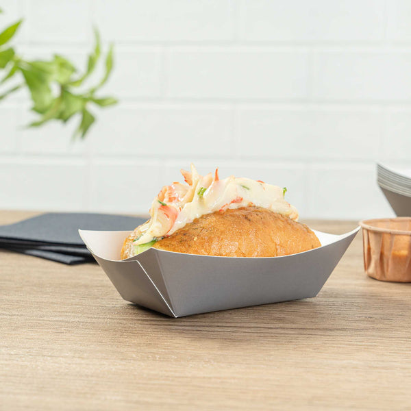 Restaurantware Bio Tek 6 Oz Gray Paper #40 Food Tray / Boat - 3 1/4" X 2" X 1 1/2" - 400 Count Box