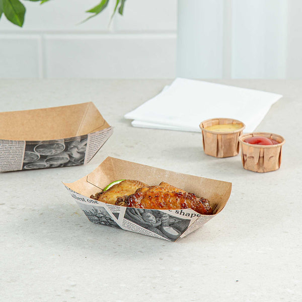 Restaurantware Bio Tek 6 Oz Newsprint Paper #40 Food Tray / Boat - 3 1/4" X 2" X 1 1/2" - 400 Count Box