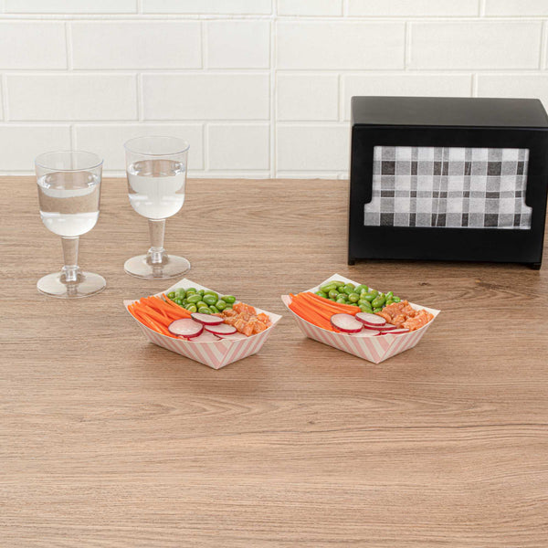 Restaurantware Bio Tek 6 Oz Pink And White Stripe Paper #40 Food Tray / Boat - 3 1/4" X 2" X 1 1/2" - 400 Count Box