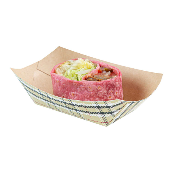 Restaurantware Bio Tek 6 Oz Plaid Paper #40 Food Tray / Boat - 3 1/4" X 2" X 1 1/2" - 400 Count Box