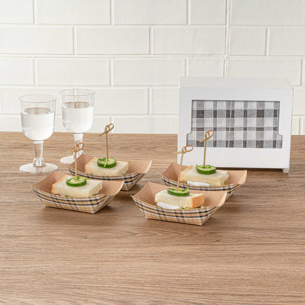 Restaurantware Bio Tek 6 Oz Plaid Paper #40 Food Tray / Boat - 3 1/4" X 2" X 1 1/2" - 400 Count Box