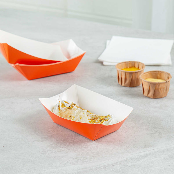 Restaurantware Bio Tek 6 Oz Tangerine Orange Paper #40 Food Tray / Boat - 3 1/4" X 2" X 1 1/2" - 400 Count Box