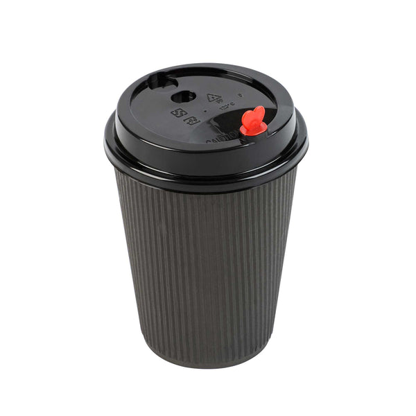 Restaurantware Black Plastic Coffee Cup Lid - Fits 8 12 16 And 20 Oz With Red Heart Plug - 500 Count Box