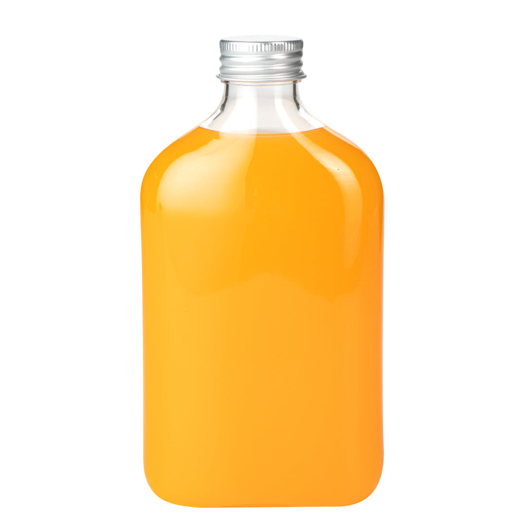 restaurantware Bottle Tek 10 oz Clear Plastic Flask Container - with Aluminum Lid - 3 1/4" x 1 3/4" x 6 1/4" - 100 count box