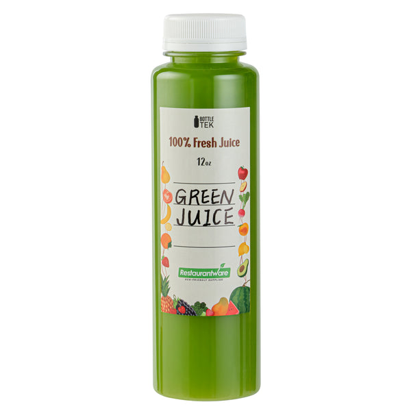 Restaurantware Bottle Tek 100 Round Clear 12 Oz Plastic Juice Bottles With Safety Caps - Includes 100 Labels 10 Funnels And 10 Cleaning Brushes