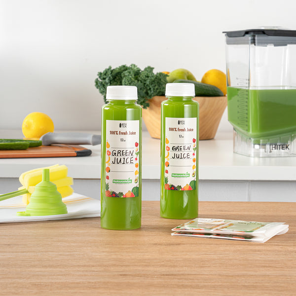 Restaurantware Bottle Tek 100 Round Clear 12 Oz Plastic Juice Bottles With Safety Caps - Includes 100 Labels 10 Funnels And 10 Cleaning Brushes