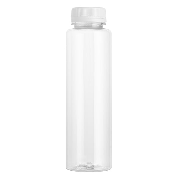 Restaurantware Bottle Tek 100 Round Clear 12 Oz Plastic Juice Bottles With Safety Caps - Includes 100 Labels 10 Funnels And 10 Cleaning Brushes