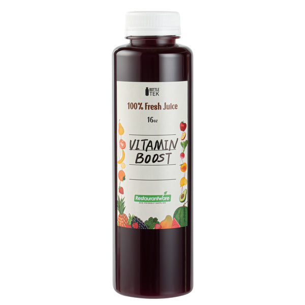 Restaurantware Bottle Tek 100 Round Clear 16 Oz Plastic Juice Bottles With Safety Caps - Includes 100 Labels 10 Funnels And 10 Cleaning Brushes