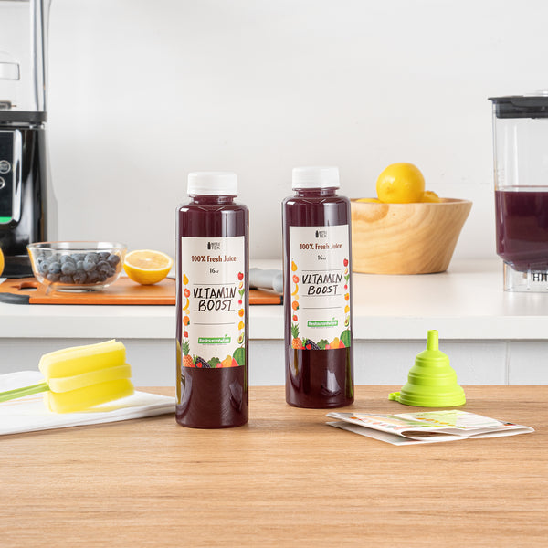 Restaurantware Bottle Tek 100 Round Clear 16 Oz Plastic Juice Bottles With Safety Caps - Includes 100 Labels 10 Funnels And 10 Cleaning Brushes