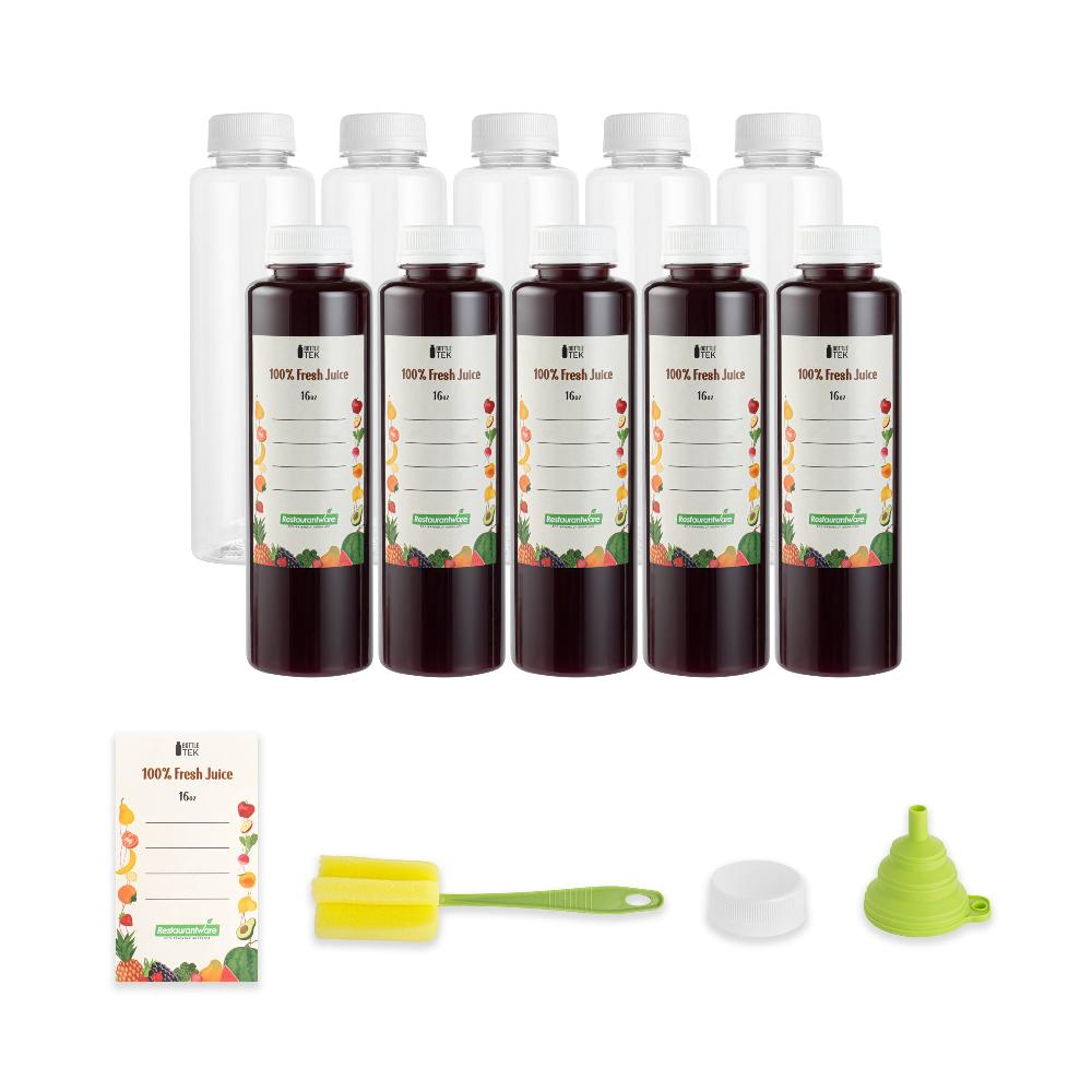 restaurantware Bottle Tek 100 Round Clear 16 oz Plastic Juice Bottles with Safety Caps - Includes 100 Labels 10 Funnels and 10 Cleaning Brushes