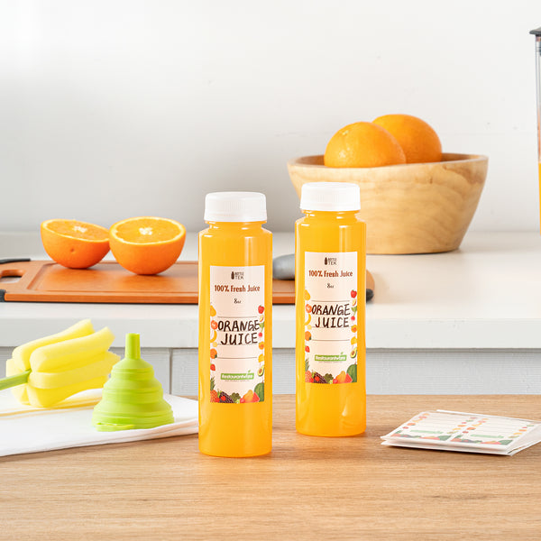 Restaurantware Bottle Tek 100 Round Clear 8 Oz Plastic Juice Bottles With Safety Caps - Includes 100 Labels 10 Funnels And 10 Cleaning Brushes