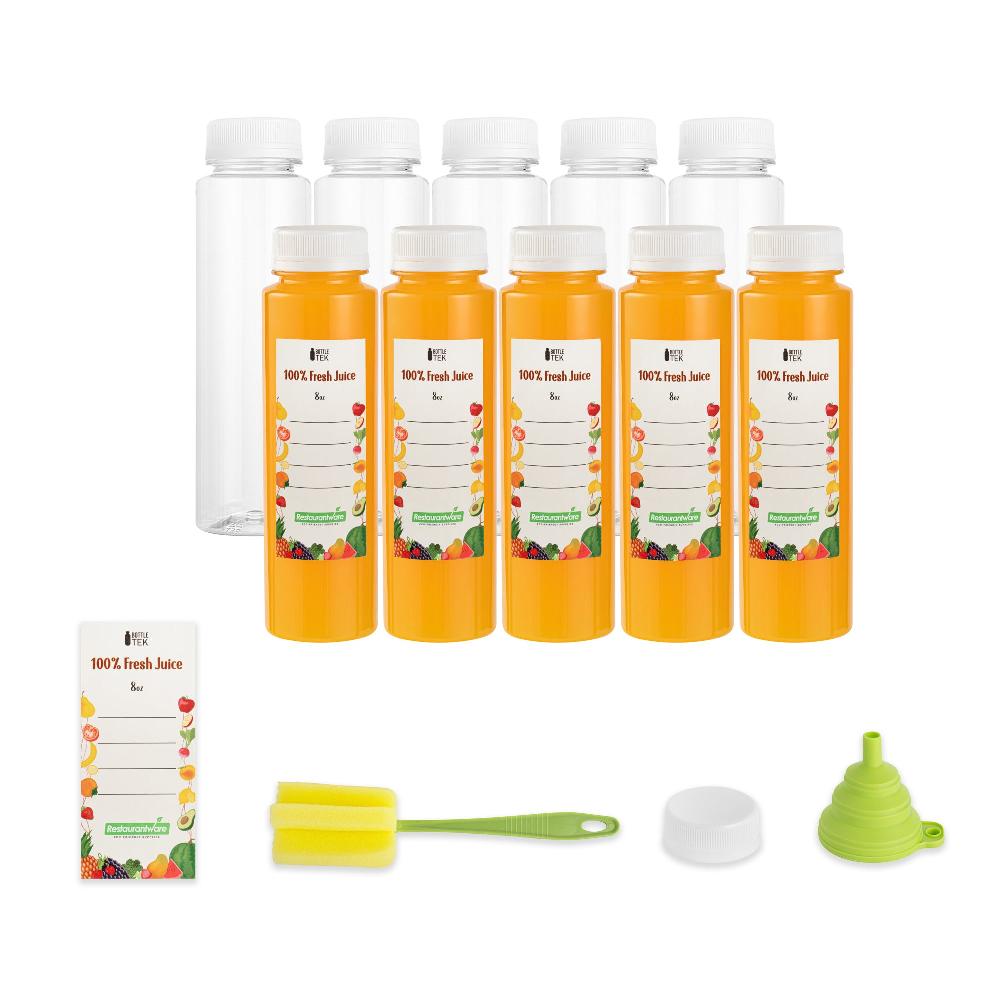 restaurantware Bottle Tek 100 Round Clear 8 oz Plastic Juice Bottles with Safety Caps - Includes 100 Labels 10 Funnels and 10 Cleaning Brushes