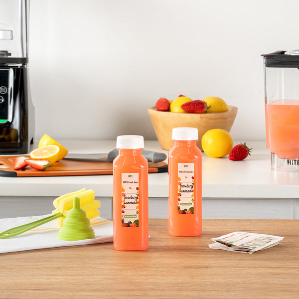 Restaurantware Bottle Tek 100 Square Clear 12 Oz Plastic Juice Bottles With Safety Caps - Includes 100 Labels 10 Funnels And 10 Cleaning Brushes