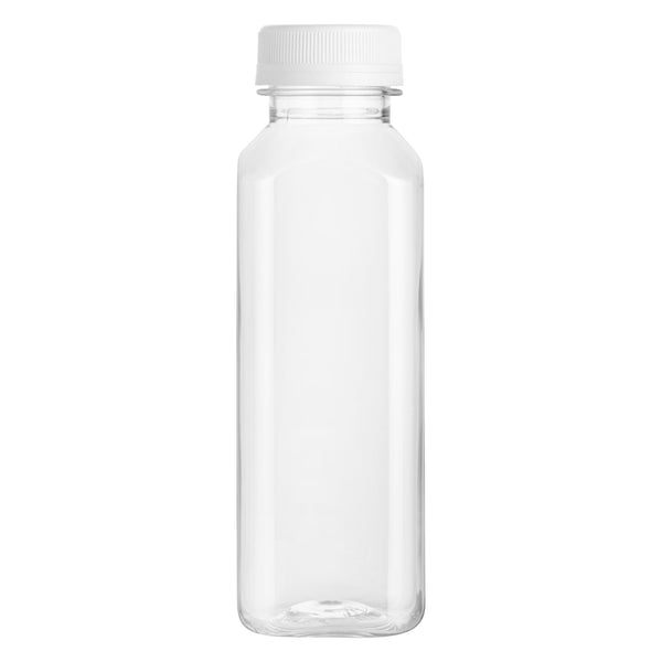 Restaurantware Bottle Tek 100 Square Clear 12 Oz Plastic Juice Bottles With Safety Caps - Includes 100 Labels 10 Funnels And 10 Cleaning Brushes