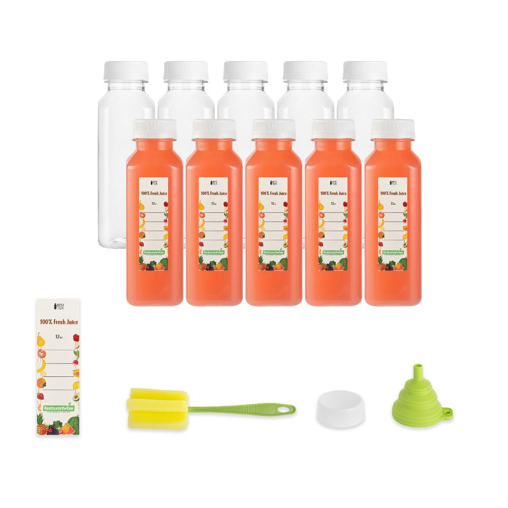 restaurantware Bottle Tek 100 Square Clear 12 oz Plastic Juice Bottles with Safety Caps - Includes 100 Labels 10 Funnels and 10 Cleaning Brushes