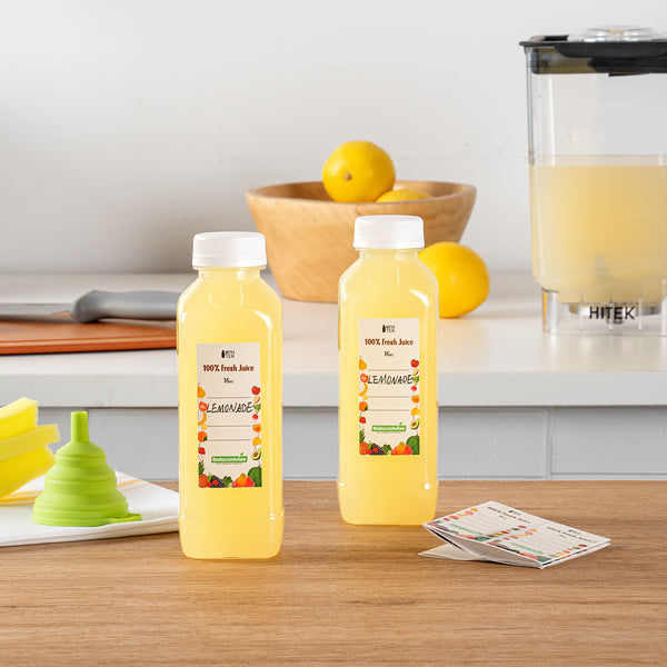 Restaurantware Bottle Tek 100 Square Clear 16 Oz Plastic Juice Bottles With Safety Caps - Includes 100 Labels 10 Funnels And 10 Cleaning Brushes