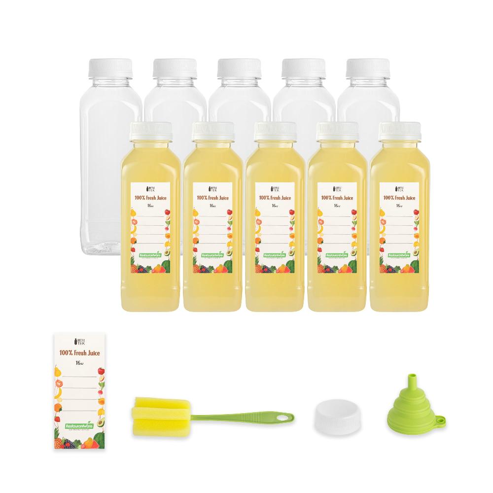 restaurantware Bottle Tek 100 Square Clear 16 oz Plastic Juice Bottles with Safety Caps - Includes 100 Labels 10 Funnels and 10 Cleaning Brushes