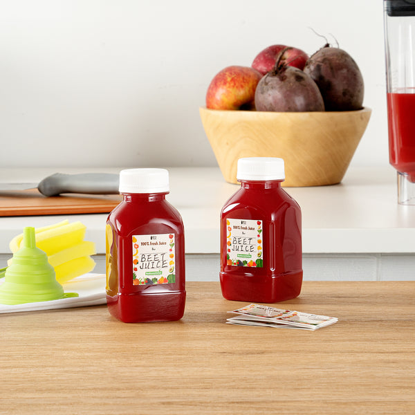 Restaurantware Bottle Tek 100 Square Clear 8 Oz Plastic Juice Bottles With Safety Caps - Includes 100 Labels 10 Funnels And 10 Cleaning Brushes