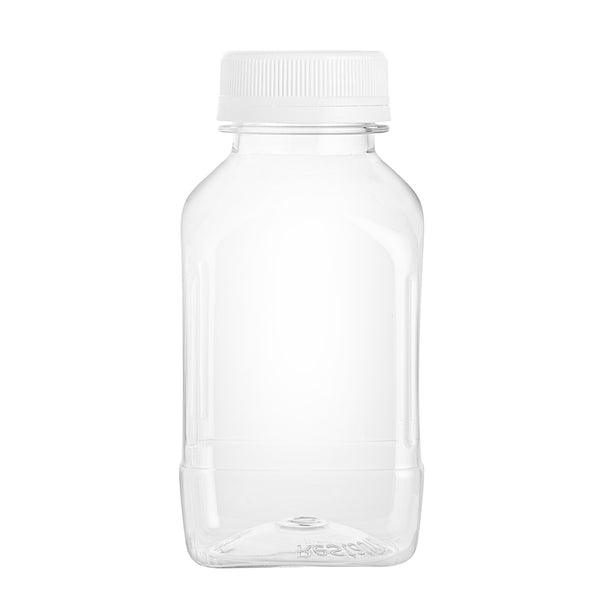 Restaurantware Bottle Tek 100 Square Clear 8 Oz Plastic Juice Bottles With Safety Caps - Includes 100 Labels 10 Funnels And 10 Cleaning Brushes