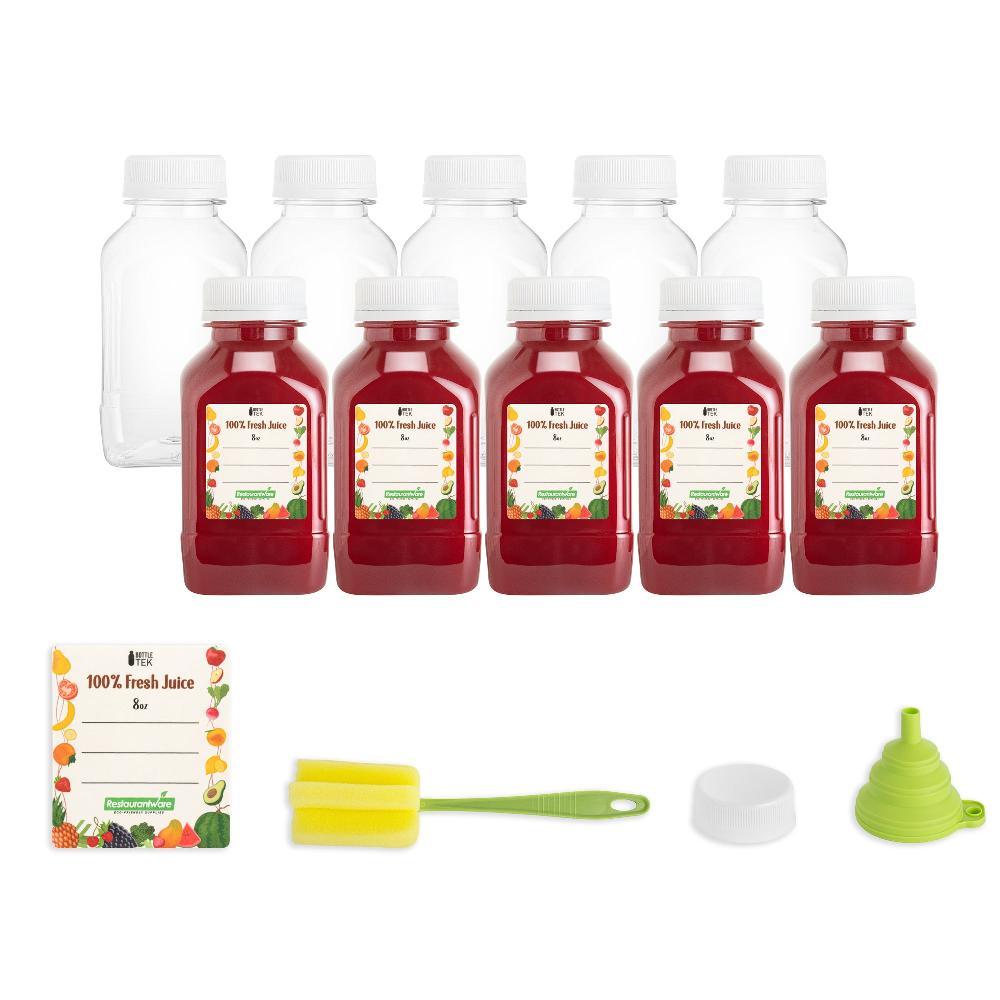 restaurantware Bottle Tek 100 Square Clear 8 oz Plastic Juice Bottles with Safety Caps - Includes 100 Labels 10 Funnels and 10 Cleaning Brushes