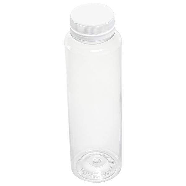 Restaurantware Bottle Tek 12 Oz Round Clear Plastic Cold Pressed Juice Bottle - With Safety Cap - 2" X 2" X 7 1/4" - 100 Count Box
