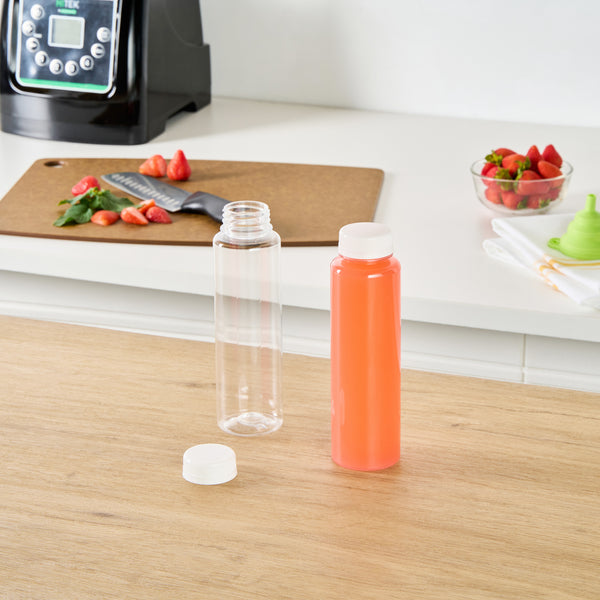 Restaurantware Bottle Tek 12 Oz Round Clear Plastic Cold Pressed Juice Bottle - With Safety Cap - 2" X 2" X 7 1/4" - 100 Count Box