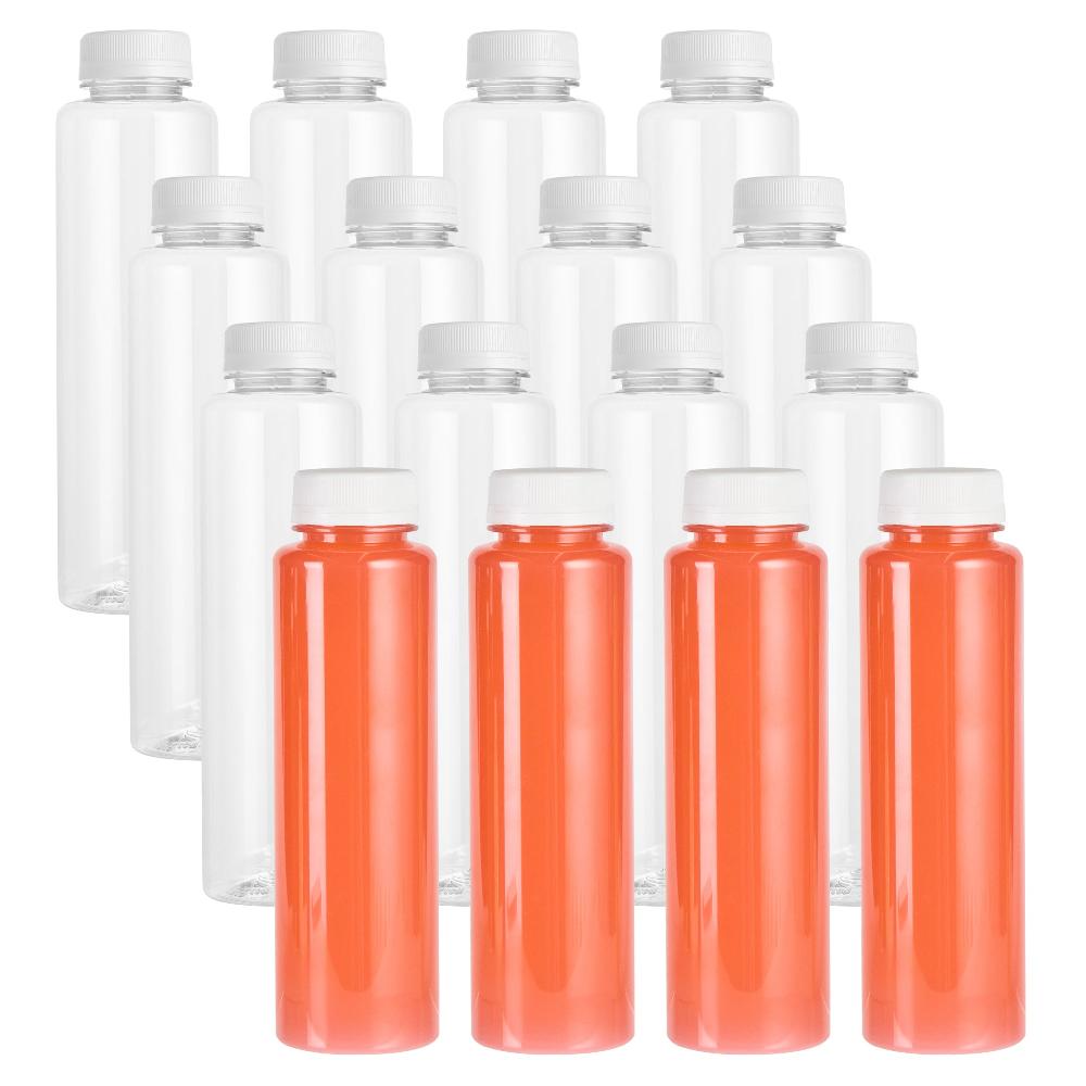 restaurantware Bottle Tek 12 oz Round Clear Plastic Cold Pressed Juice Bottle - with Safety Cap - 2" x 2" x 7 1/4" - 100 count box