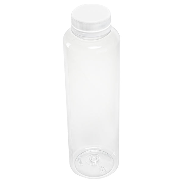 Restaurantware Bottle Tek 16 Oz Round Clear Plastic Cold Pressed Juice Bottle - With Safety Cap - 2 1/4" X 2 1/4" X 8 1/4" - 100 Count Box