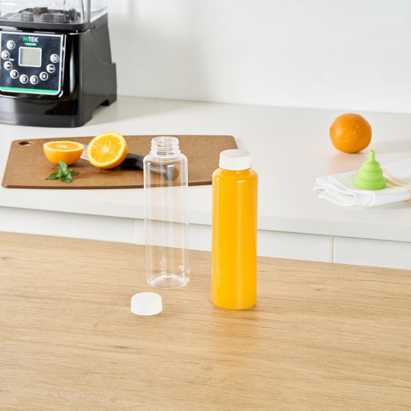 Restaurantware Bottle Tek 16 Oz Round Clear Plastic Cold Pressed Juice Bottle - With Safety Cap - 2 1/4" X 2 1/4" X 8 1/4" - 100 Count Box