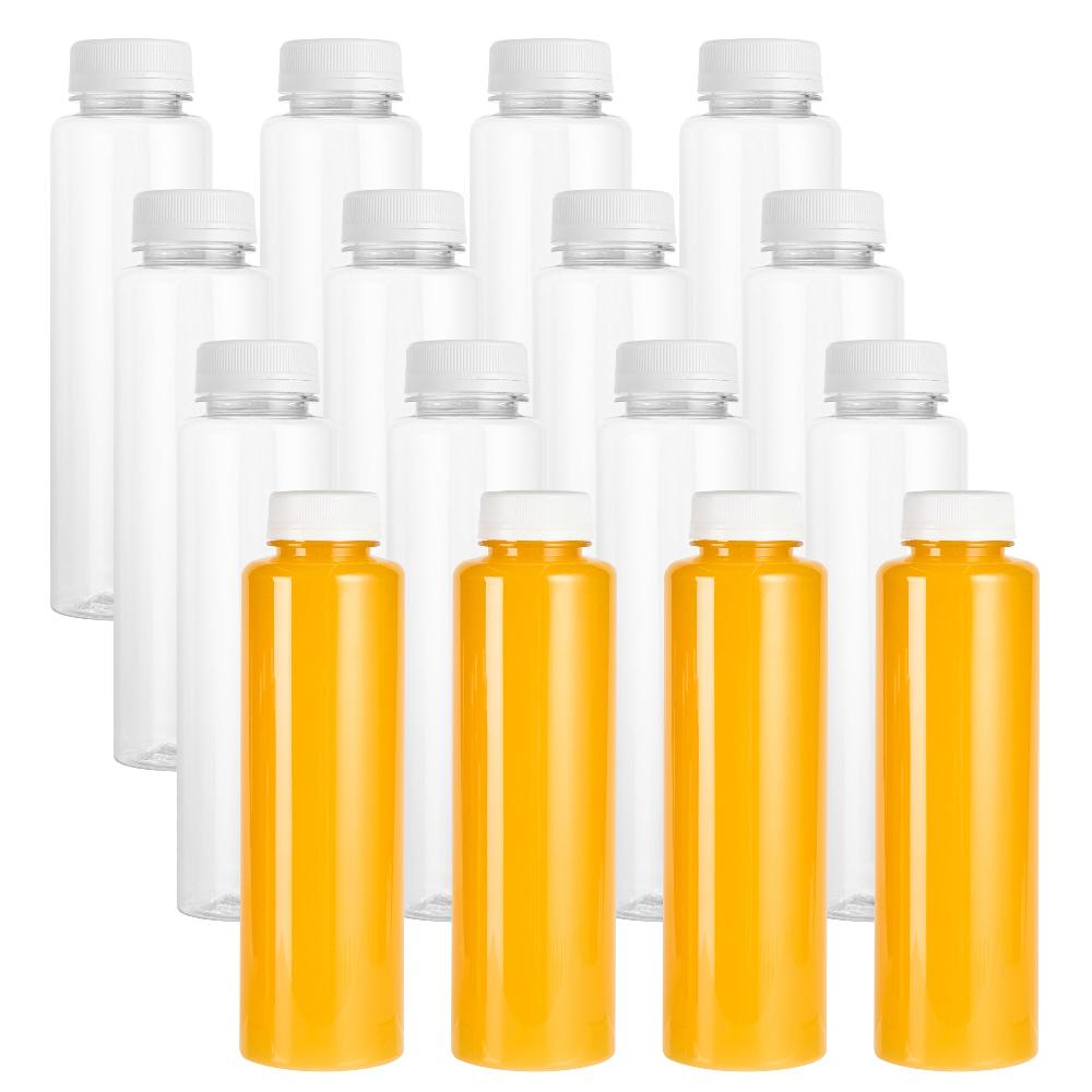 restaurantware Bottle Tek 16 oz Round Clear Plastic Cold Pressed Juice Bottle - with Safety Cap - 2 1/4" x 2 1/4" x 8 1/4" - 100 count box