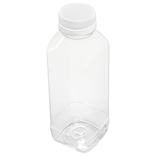 Restaurantware Bottle Tek 16 Oz Square Clear Plastic Cold Pressed Juice Bottle - With Safety Cap - 2 1/4" X 2 1/4" X 7" - 100 Count Box