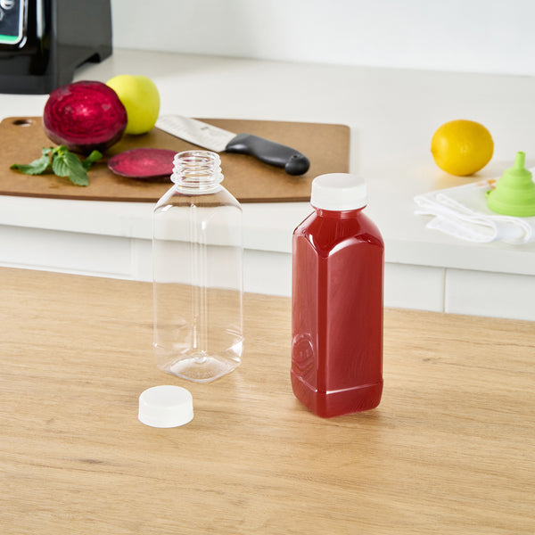 Restaurantware Bottle Tek 16 Oz Square Clear Plastic Cold Pressed Juice Bottle - With Safety Cap - 2 1/4" X 2 1/4" X 7" - 100 Count Box