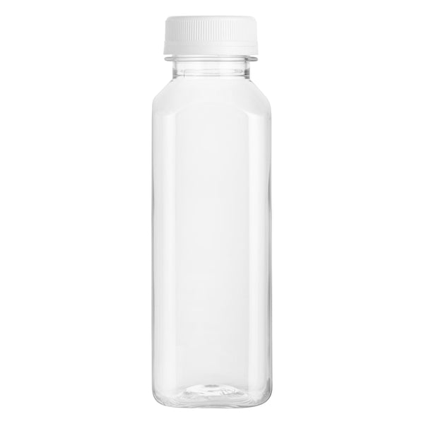 Restaurantware Bottle Tek 16 Oz Square Clear Plastic Cold Pressed Juice Bottle - With Safety Cap - 2 1/4" X 2 1/4" X 7" - 100 Count Box