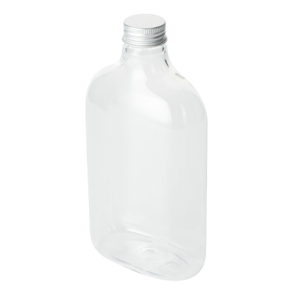Restaurantware Bottle Tek 17 Oz Clear Plastic Flask Container - With Aluminum Lid - 3 3/4" X 2" X 7" - 100 Count Box