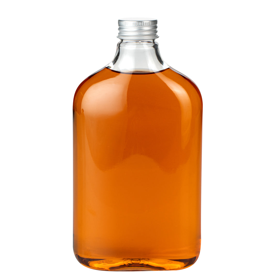 restaurantware Bottle Tek 17 oz Clear Plastic Flask Container - with Aluminum Lid - 3 3/4" x 2" x 7" - 100 count box