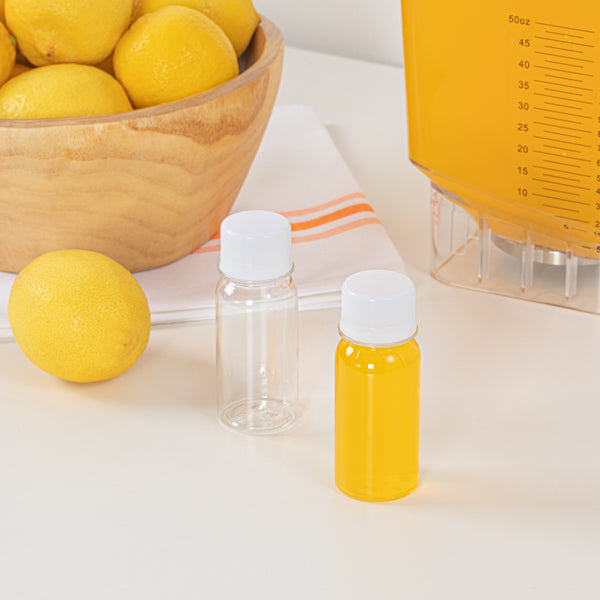 Restaurantware Bottle Tek 2 Oz Clear Plastic Energy Shot Bottle - With Safety Cap - 1 1/2" X 1 1/2" X 3 3/4" - 100 Count Box